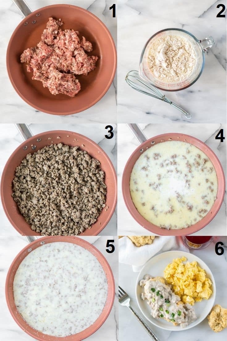 photo collage showing six steps needed to make gluten free biscuits and gravy