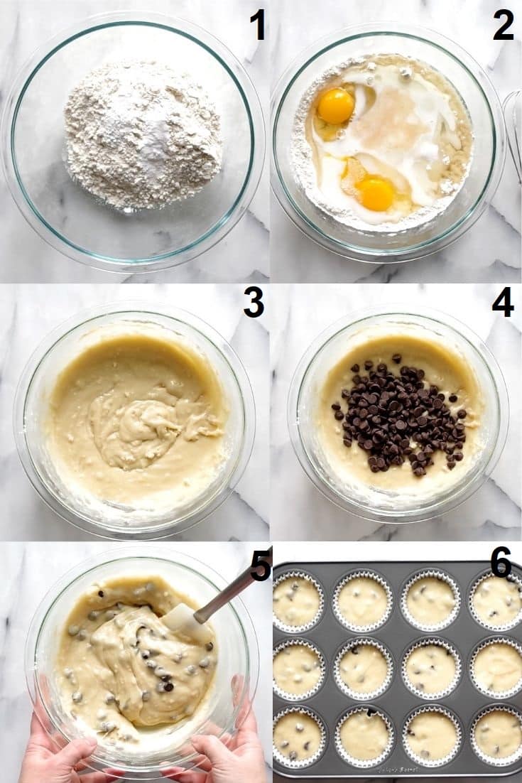A photo collage showing six steps needed to make gluten free chocolate chip muffins