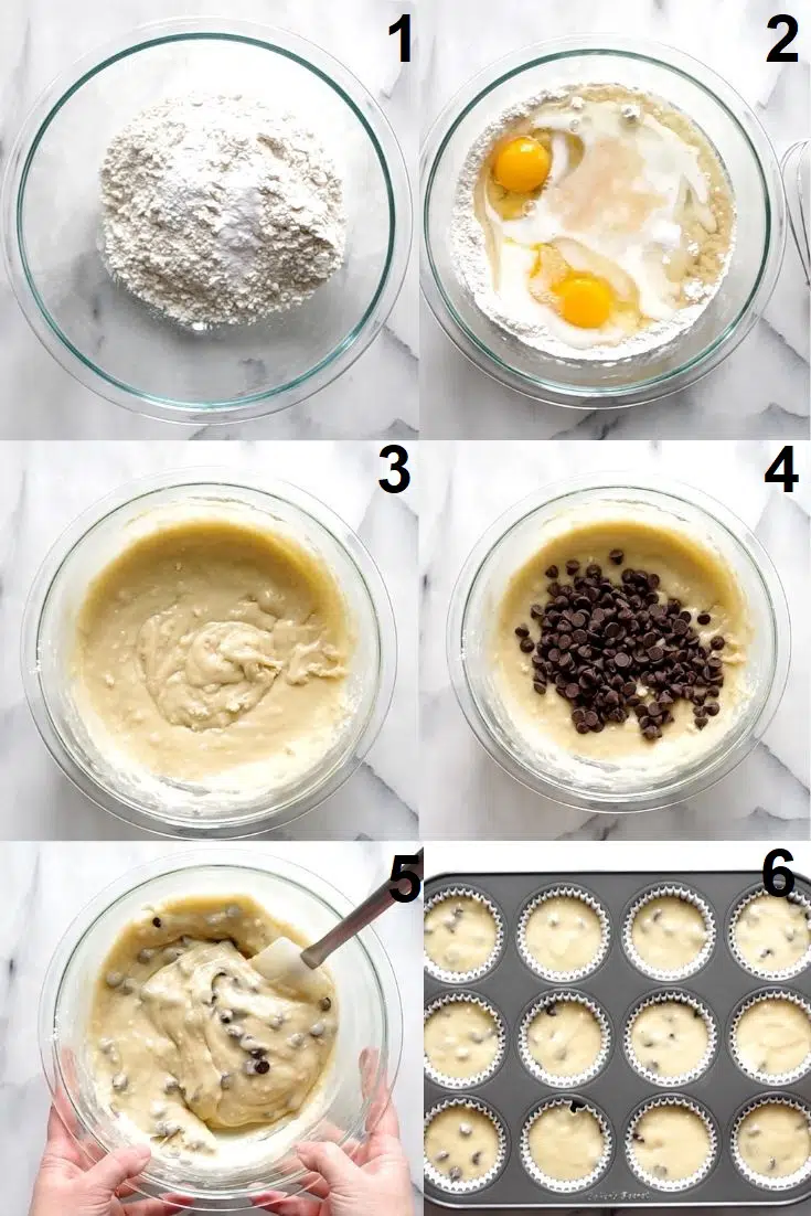 A photo collage showing six steps needed to make gluten-free chocolate chip muffins