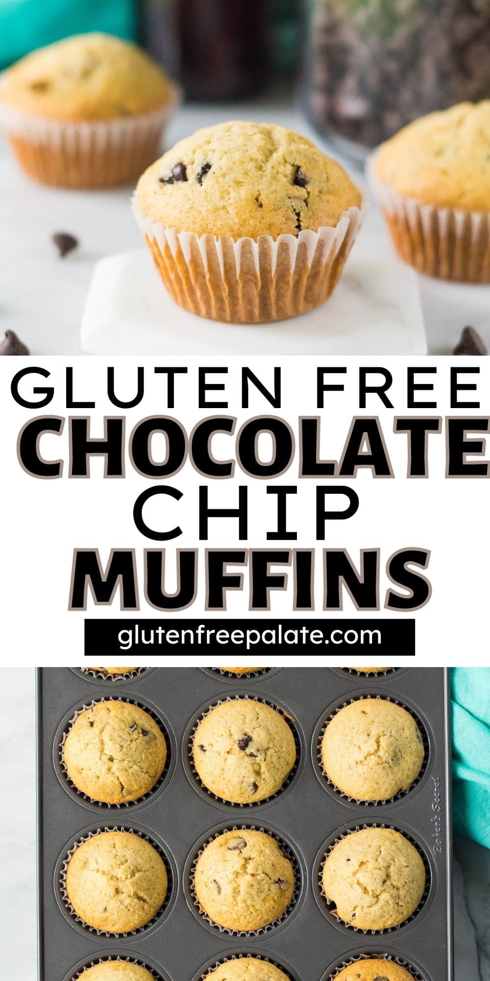 two images of chocolate chip muffins. Text in between them says Gluten Free Chocolate Chip Muffins