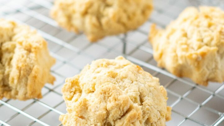 gluten free drop biscuits, cooling on a rectangular wire rack.