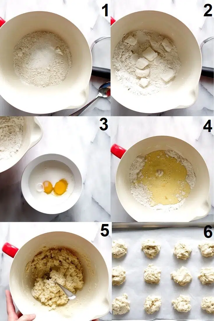 a photo collage showing six steps needed to make gluten free drop biscuits