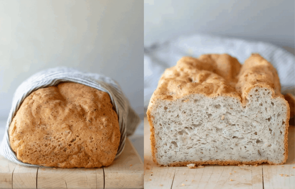 A loaf of gluten-free bread shown with a sliced loaf of the same bread.