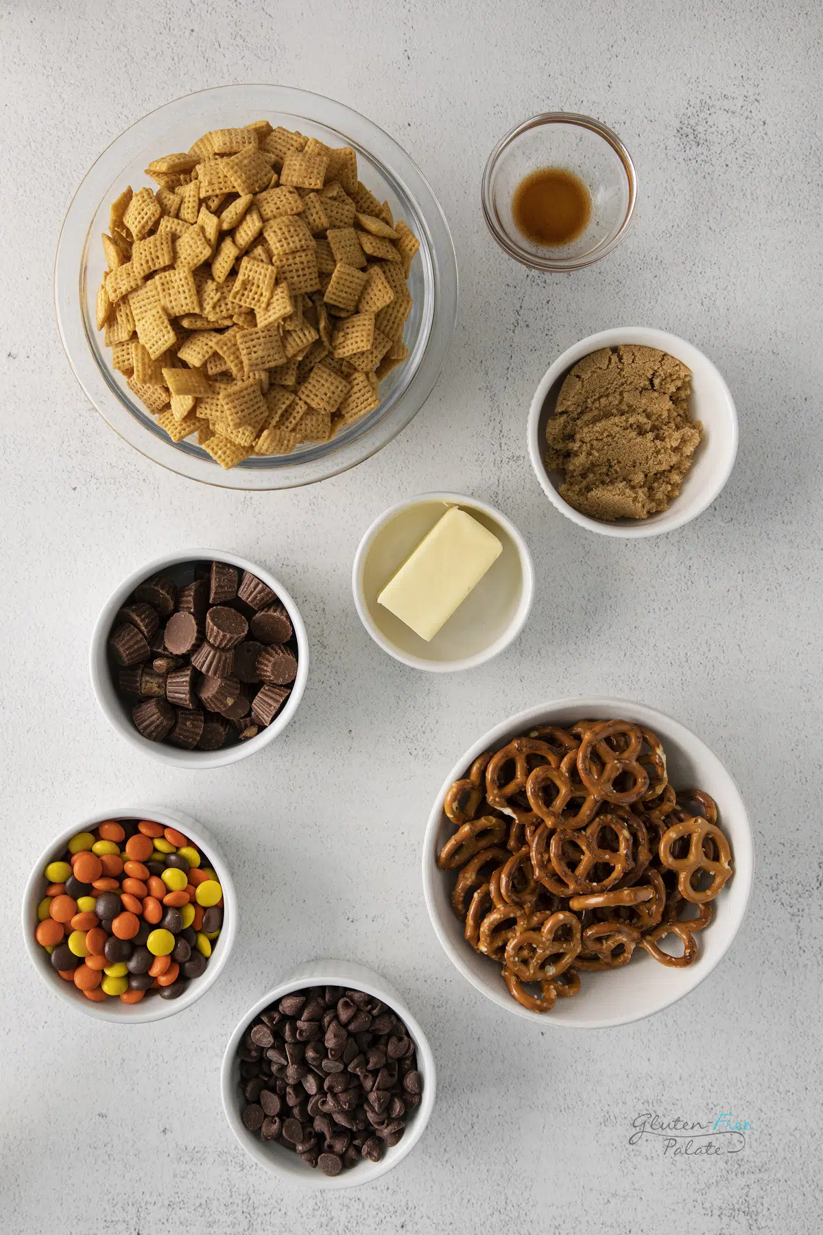 top down view of ingredients in gluten free chex mix