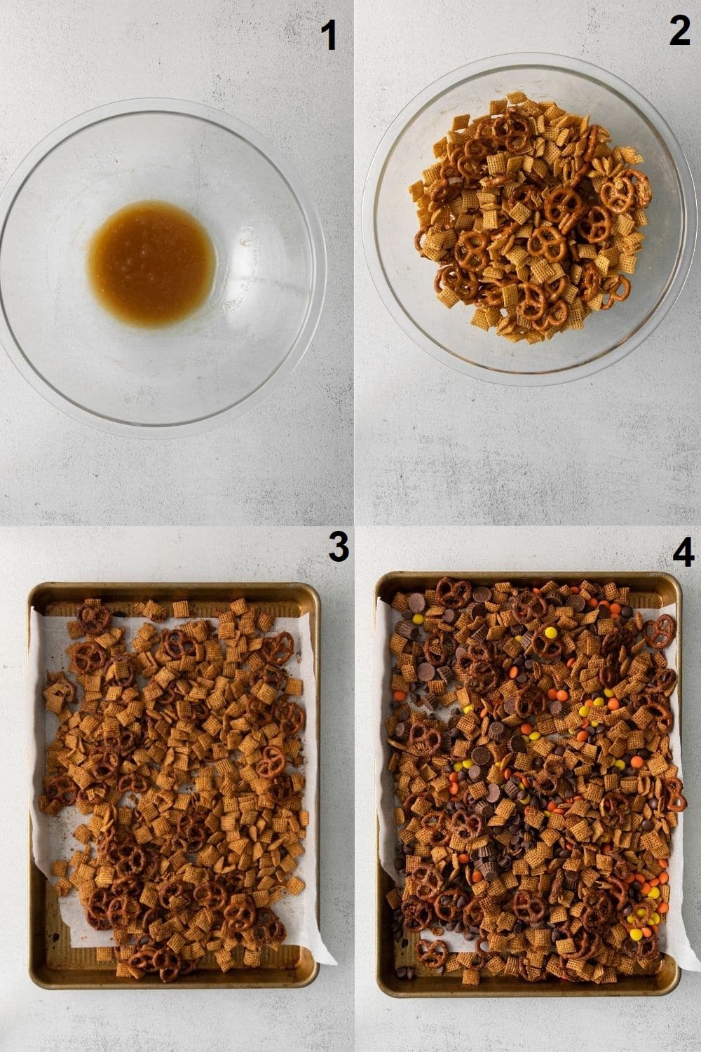 a collage of four photos showing how to make gluten free chex mix