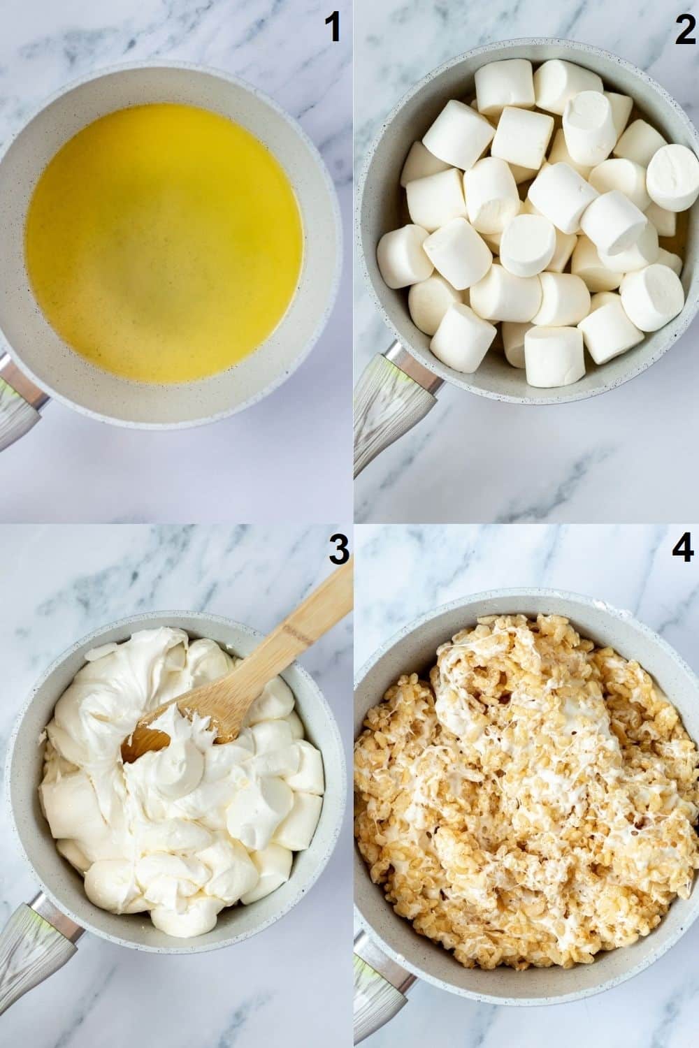 a collage showing the steps to make gluten free rice krispies treats