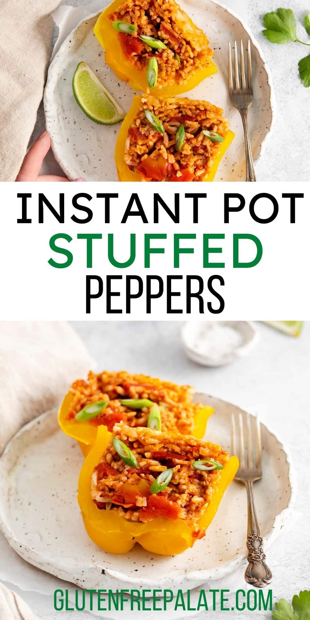 Images of yellow peppers stuffed with rice and topped with green onion. Text overlay says Instant Pot Stuffed peppers