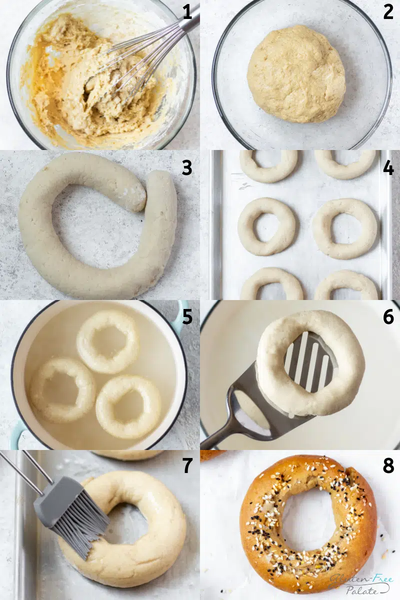 a collage of six numbered images showing steps to take to make homemade gluten free bagels from scratch. 