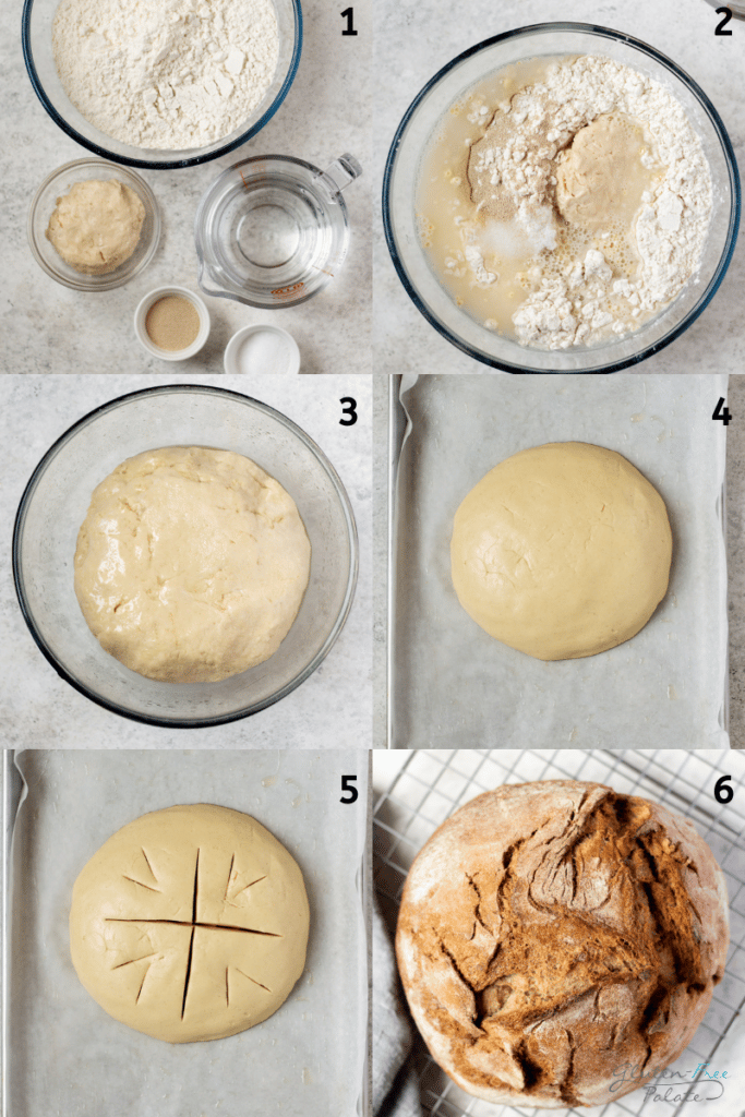 A collage of six photos showing the process for making gluten-free sourdough bread from scratch.