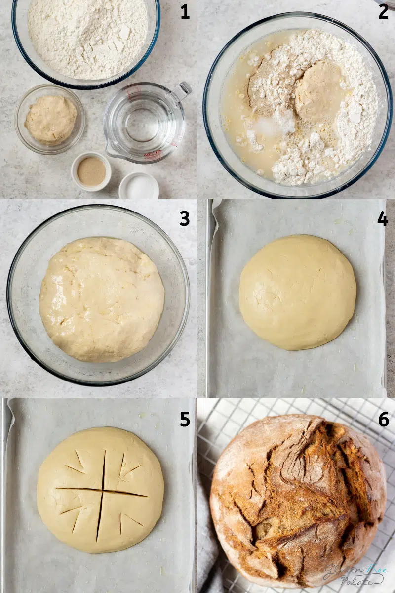 a collage of six photos showing the process for making gluten-free sourdough bread from scratch