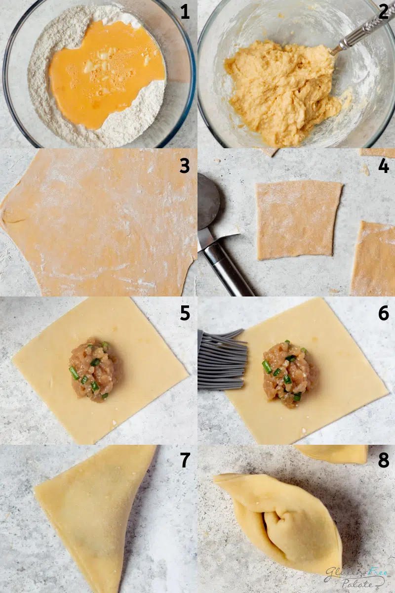 a collage of images showing how to make gluten-free wonton wrappers and stuff them.