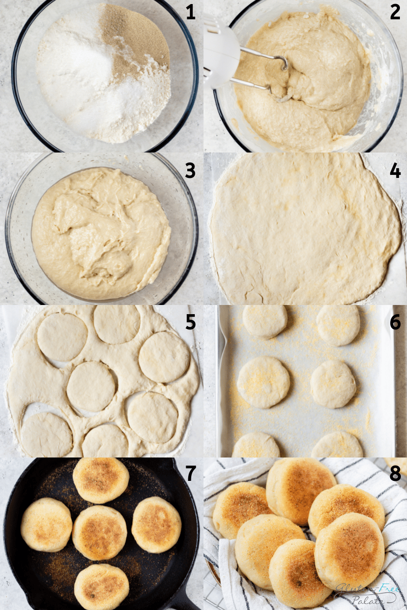 a numbered photo collage showing 8 steps needed to make homemade gluten free english muffins