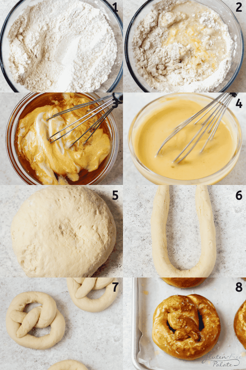 a collage of 8 images showing how to make gluten free pretzels