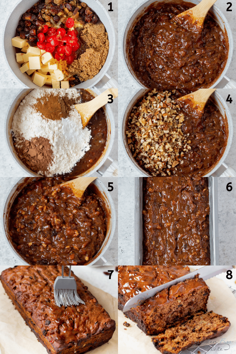 a collage of 8 images showing the steps for making a gluten free fruit cake from scratch