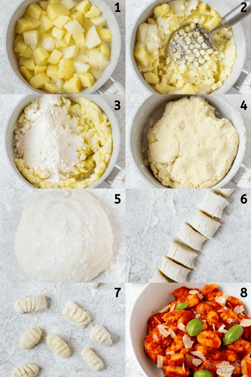 a collage of images showing how to make gluten free gnocchi from scratch