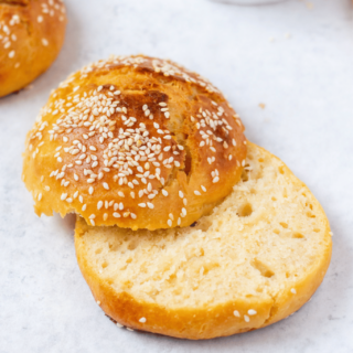 Make your own gluten-free hamburger bun, sliced and ready to serve.