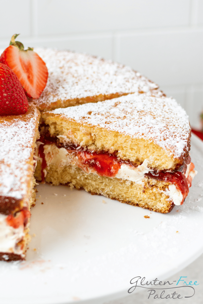 Gluten-Free Sponge Cake side view of jam and buttercream filling.
