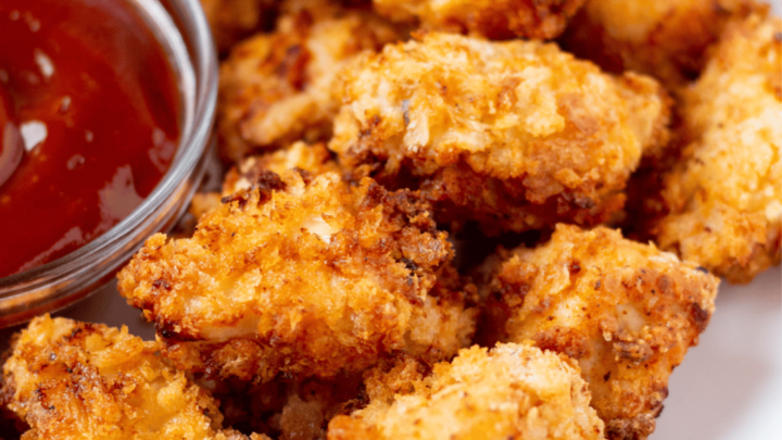 closeup view of a plate of baked gluten free chicken nuggets