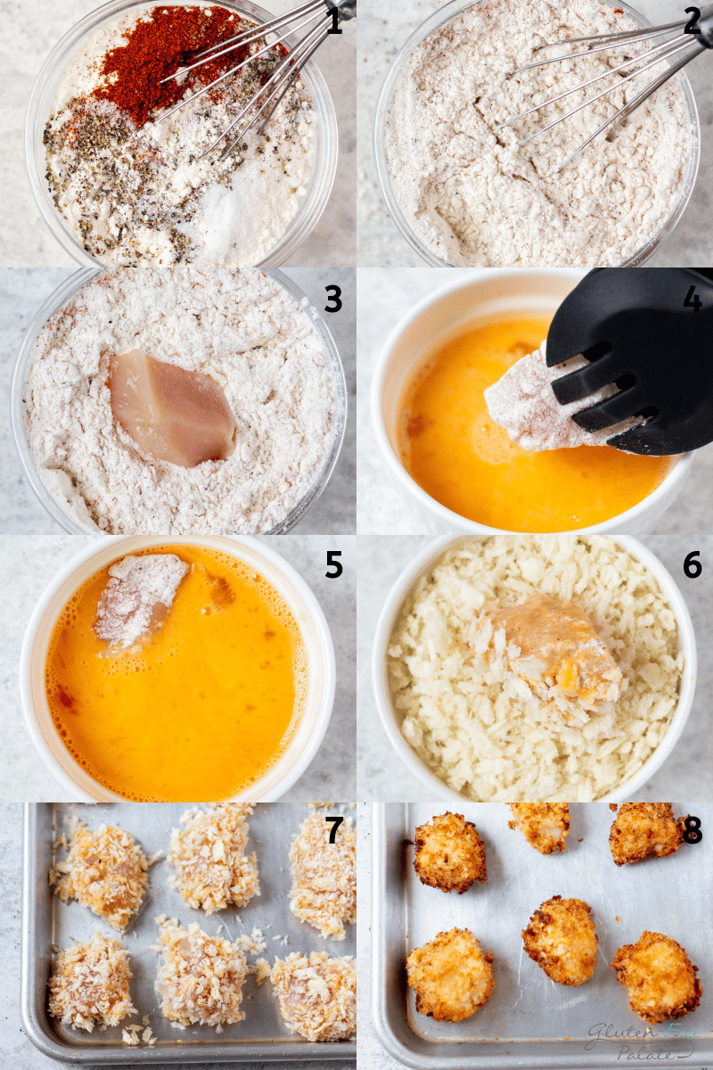 a collage of 8 images showing the steps for making homemade gluten-free chicken nuggets in the oven