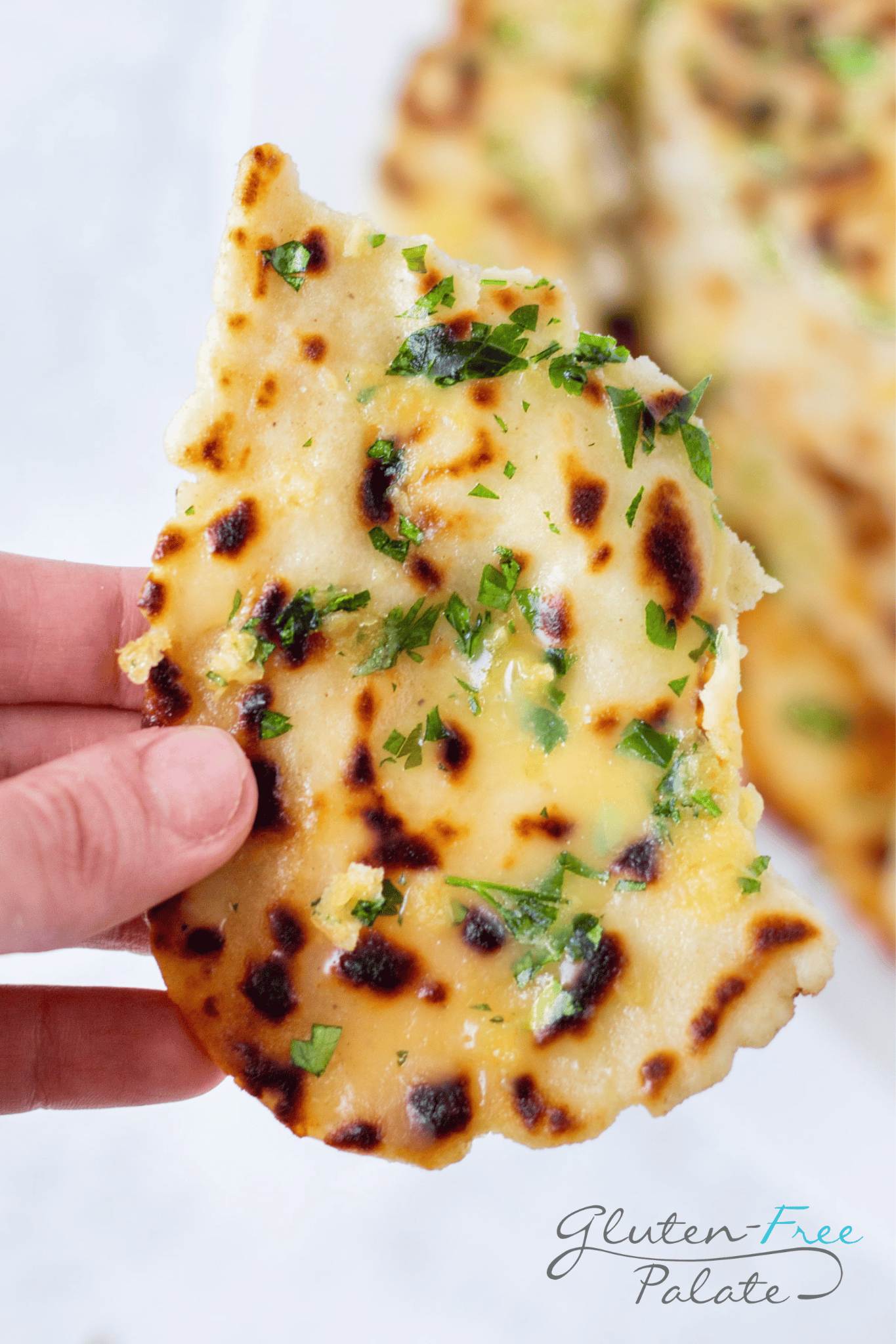 a hand holding a piece of gluten-free naan bread