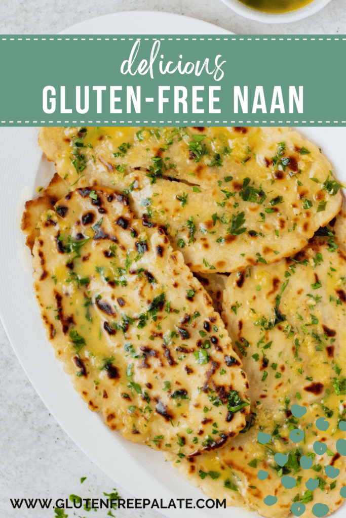 A plate of gluten free naan bread. Text overlay at top of image says "delicious gluten-free naan" in a light green box