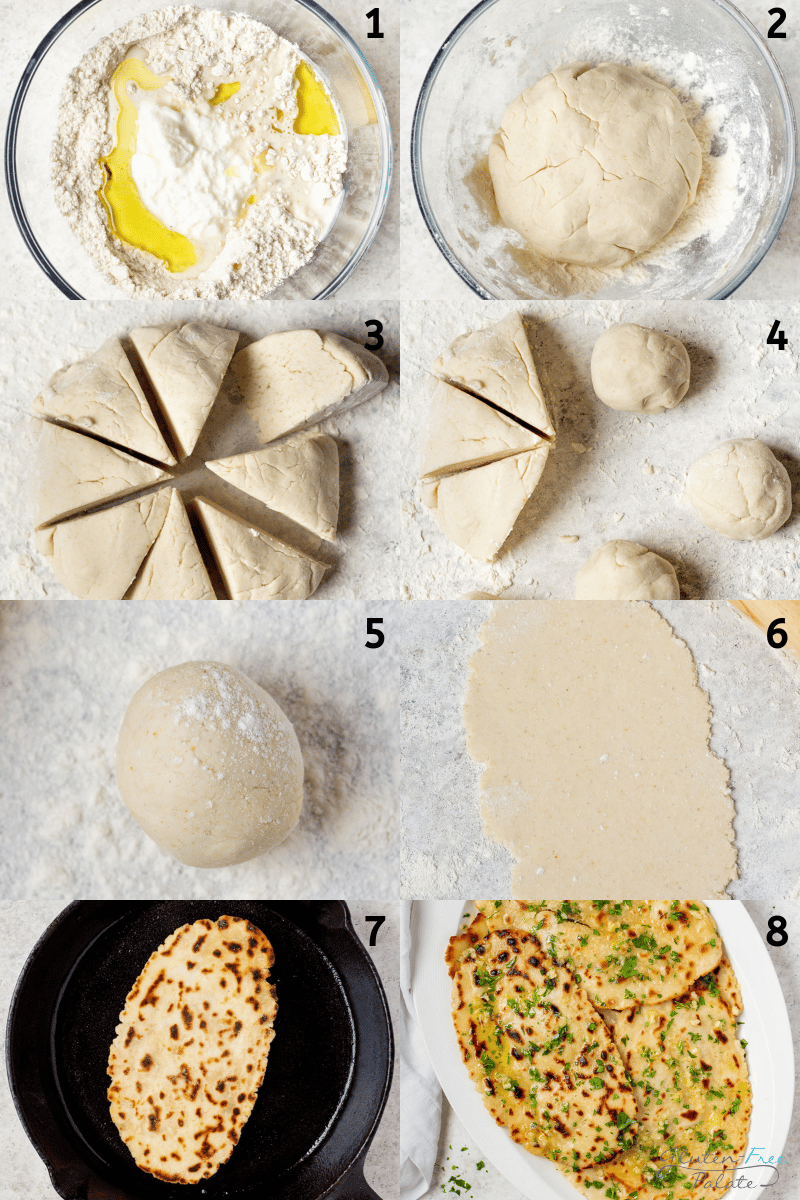 a collage of 8 images showing the steps to make gluten free naan