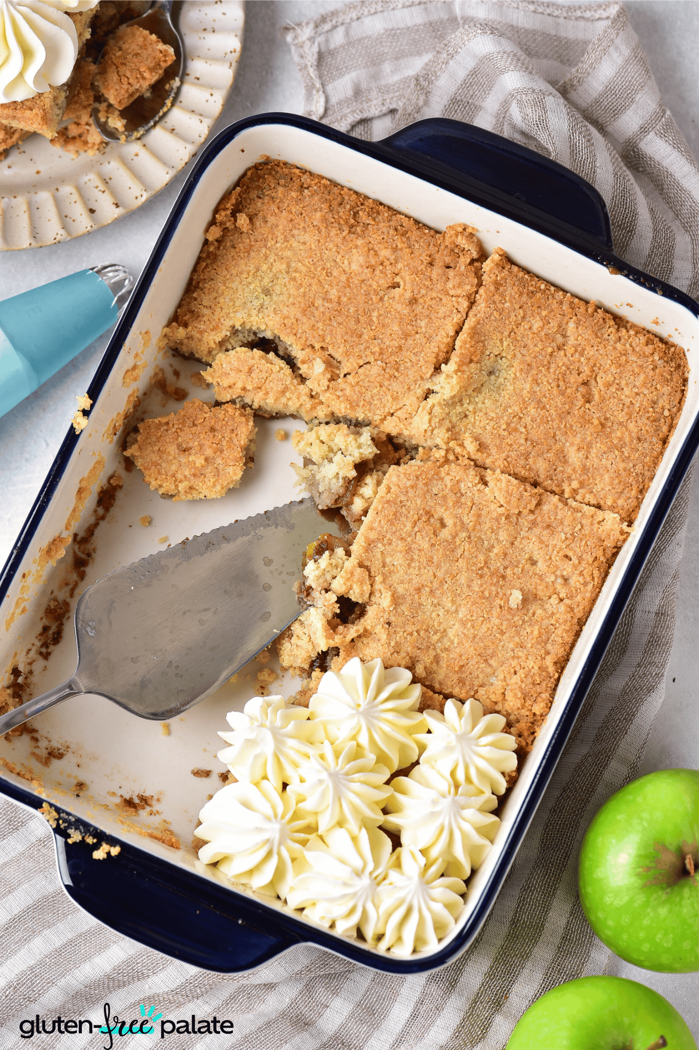 gluten-free apple crumble in a baking plate.