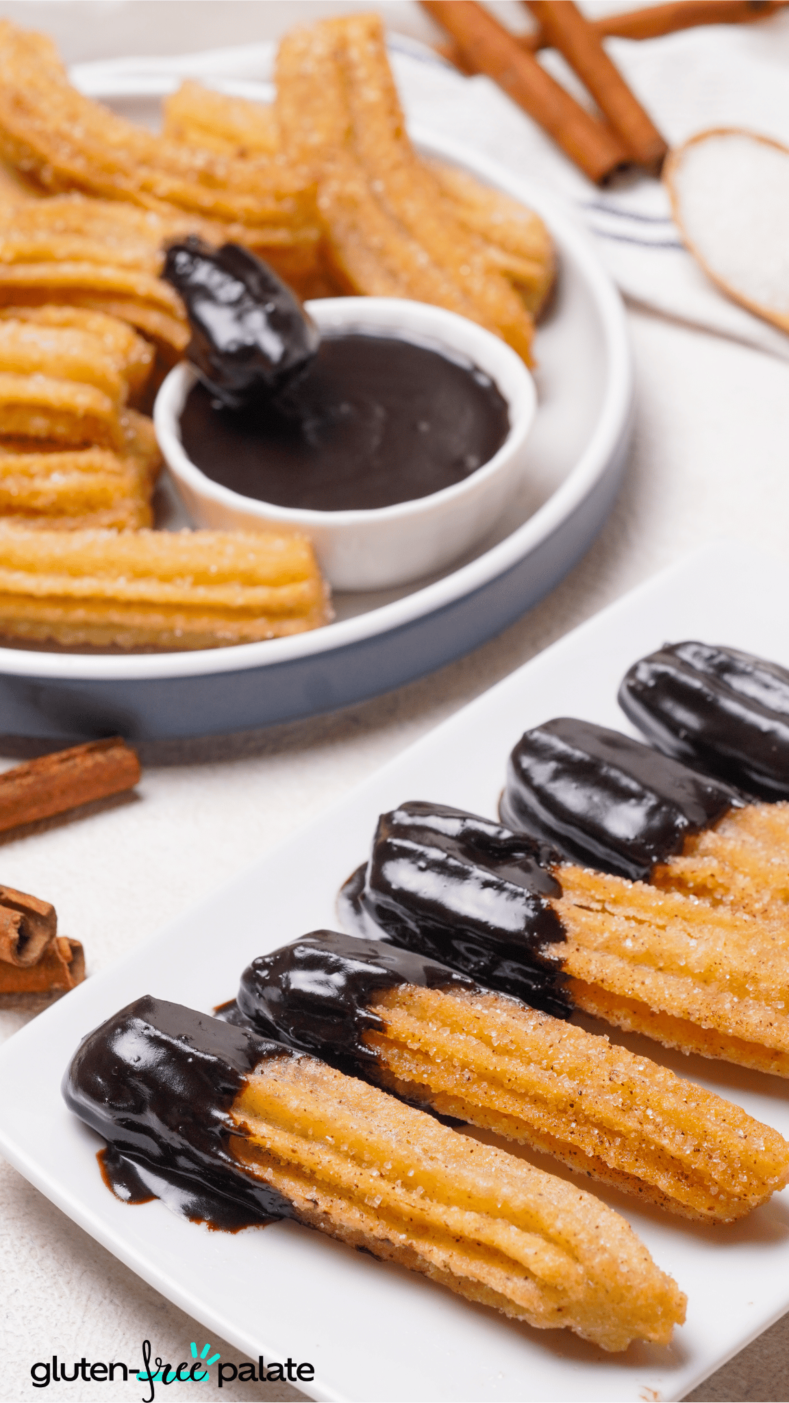 gluten-free churros dipped in chocolate