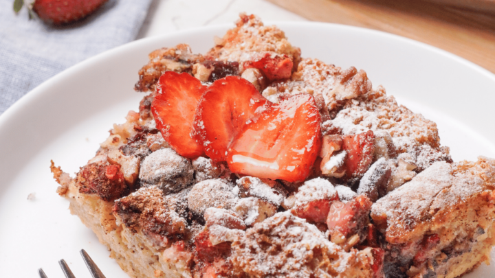 gluten-free French toast casserole on a white plate.
