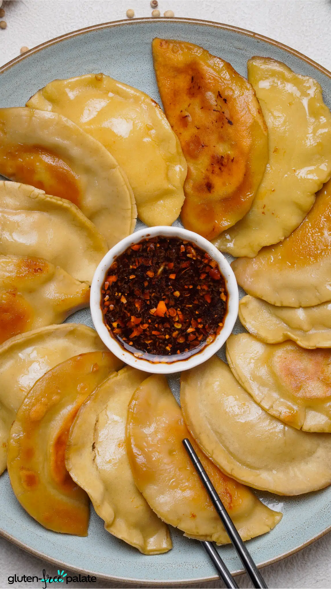 gluten-free potstickers in a white serving plate with sauce