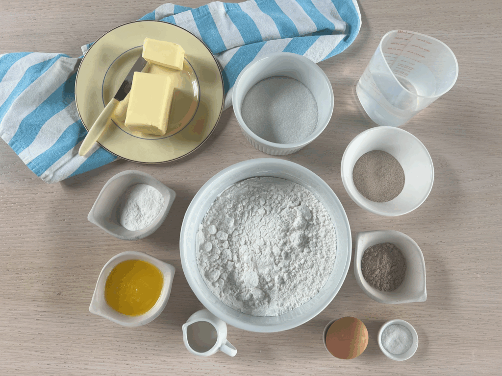 The ingredients used for this gluten free croissant recipe.