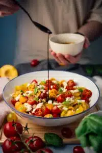 drizzling vinaigrette over bowl of yellow red tomatoes