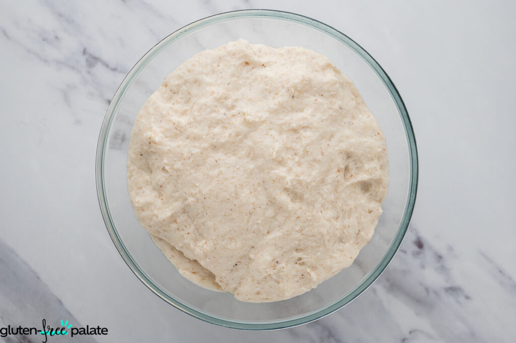 The dough has doubled in size in the bowl after proofing, light and airy.