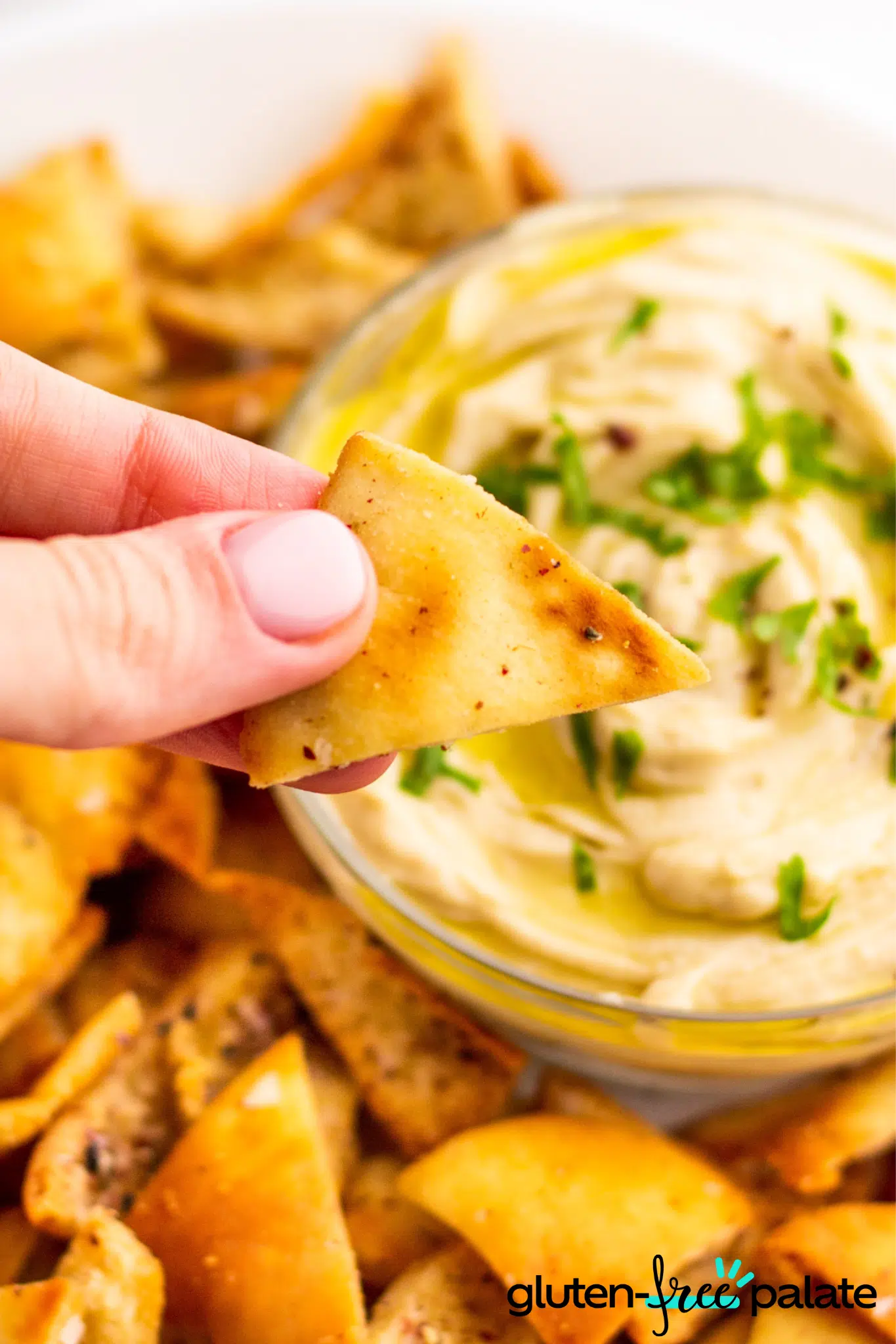 Gluten-Free Pita Chips with a dip.