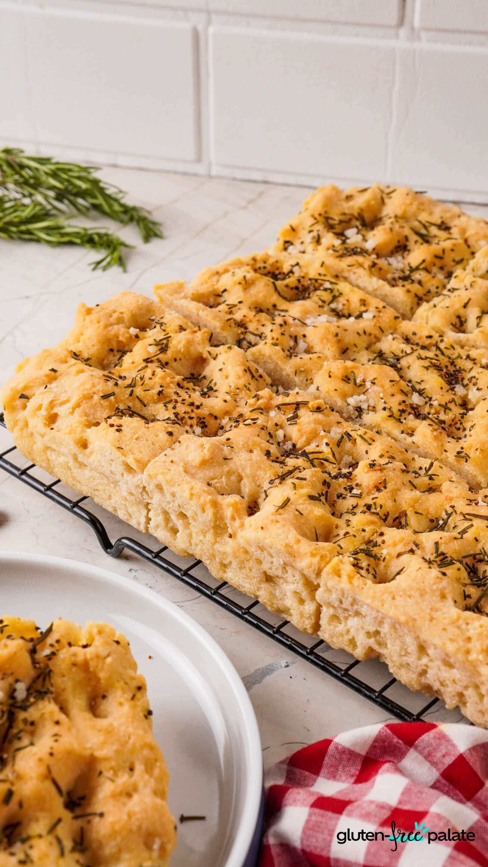 Gluten-Free Focaccia on a cooling rack.