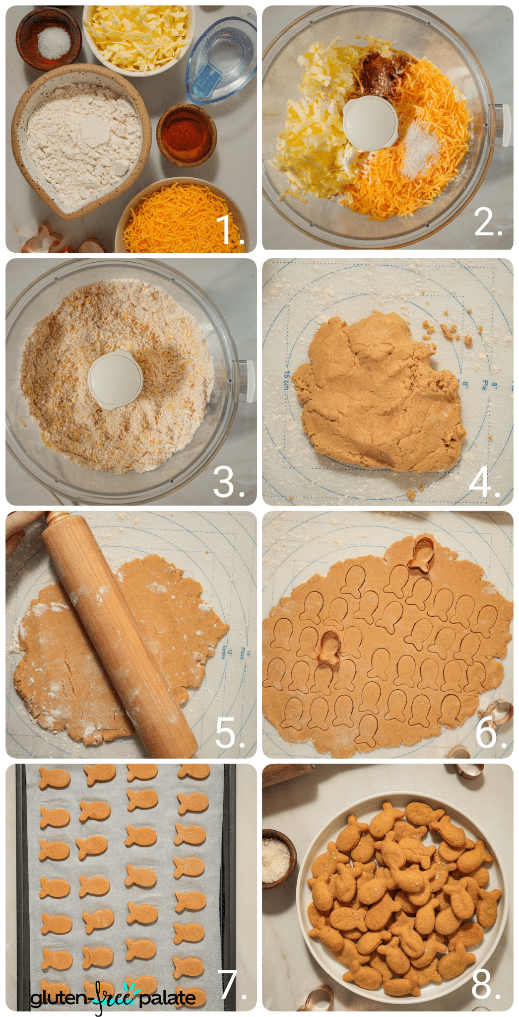 Step by step photos showing how to make gluten-free goldfish crackers from dough to baked
