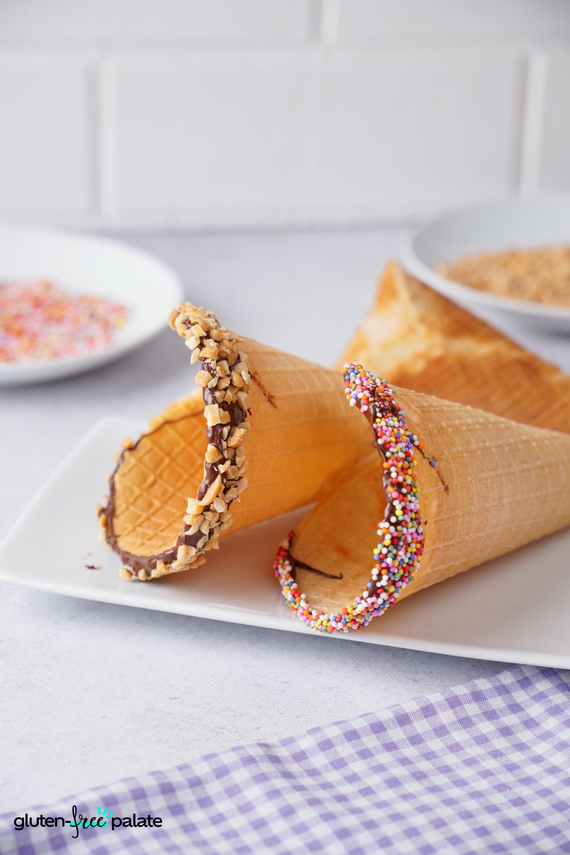 Gluten-free ice cream cones in a white plate