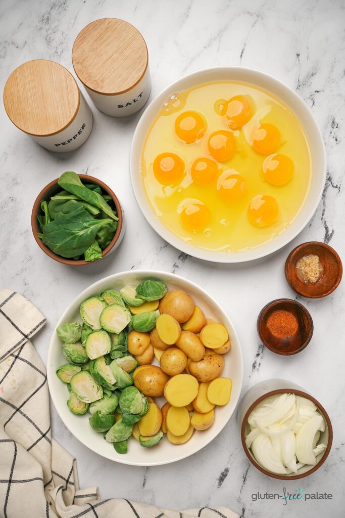 Paleo breakfast casserole with eggs, spinach, and sweet potatoes