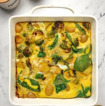 Paleo Breakfast Casserole in a white casserole dish.