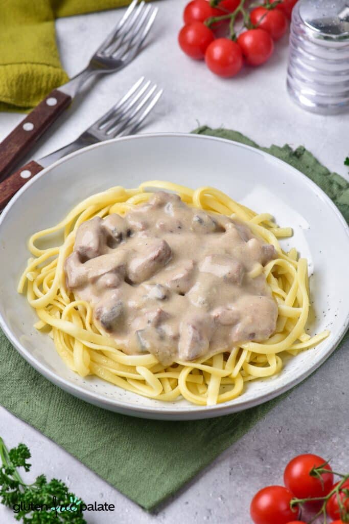 Gluten-Free Beef Stroganoff on a white plate.