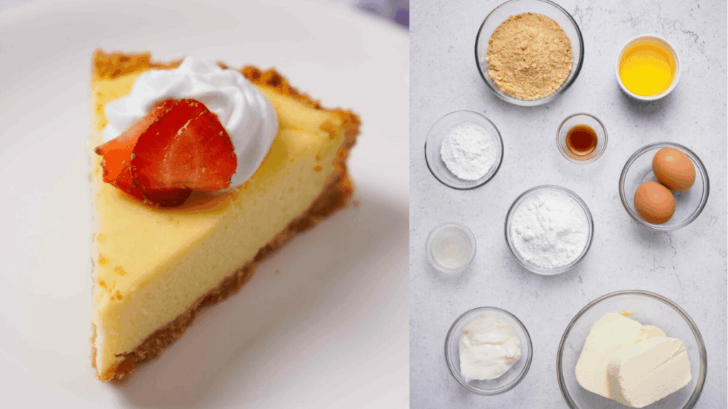 Gluten free cheesecake shown next to the ingredients used to make it.