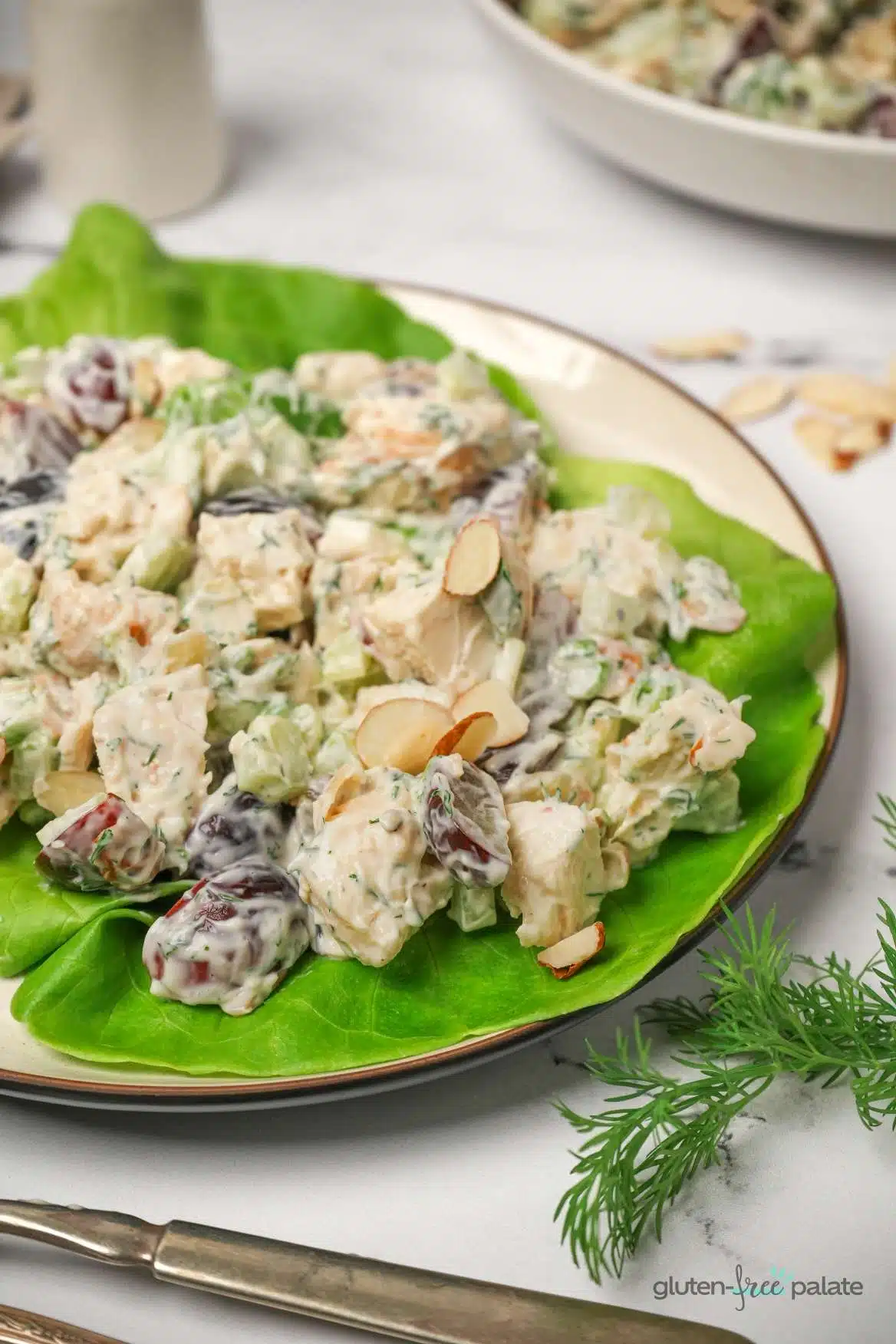 Gluten-free chicken salad on a lettuce leaf with a serving spoon.