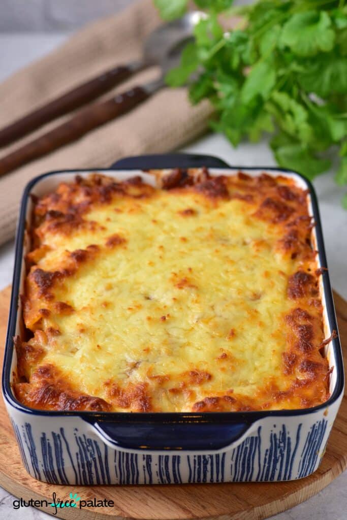Gluten-Free Baked Ziti in a blue and white casserole dish