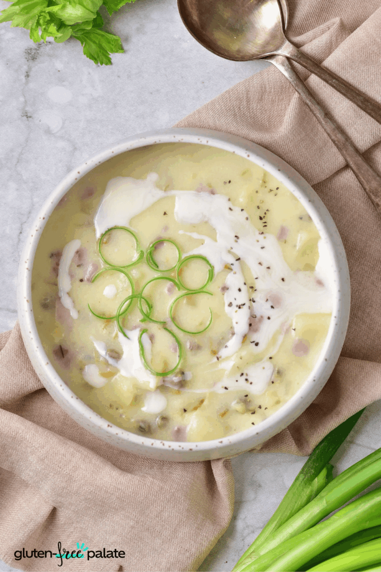 A bowl of gluten free clam chowder.