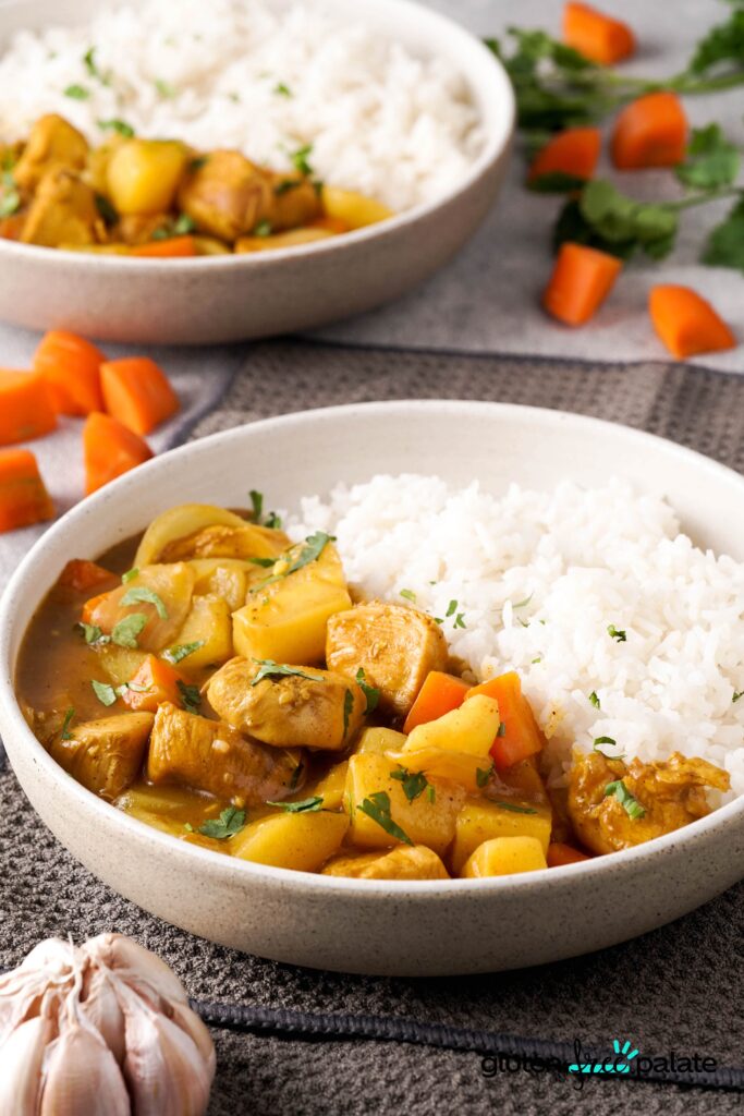gluten-free curry in a white bowl with rice