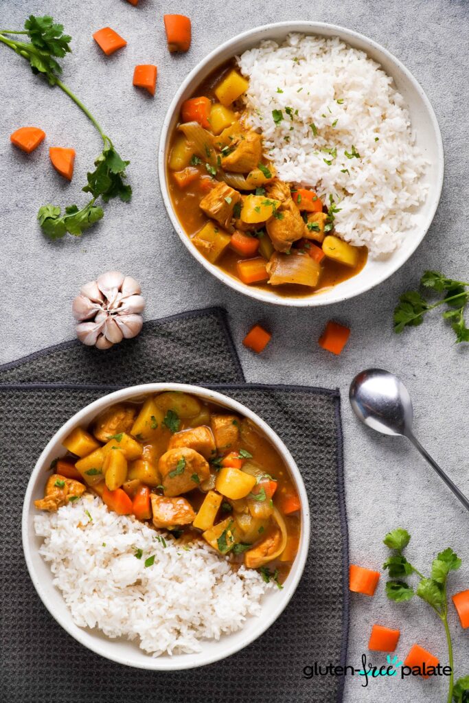 gluten-free curry in a white bowls with rice