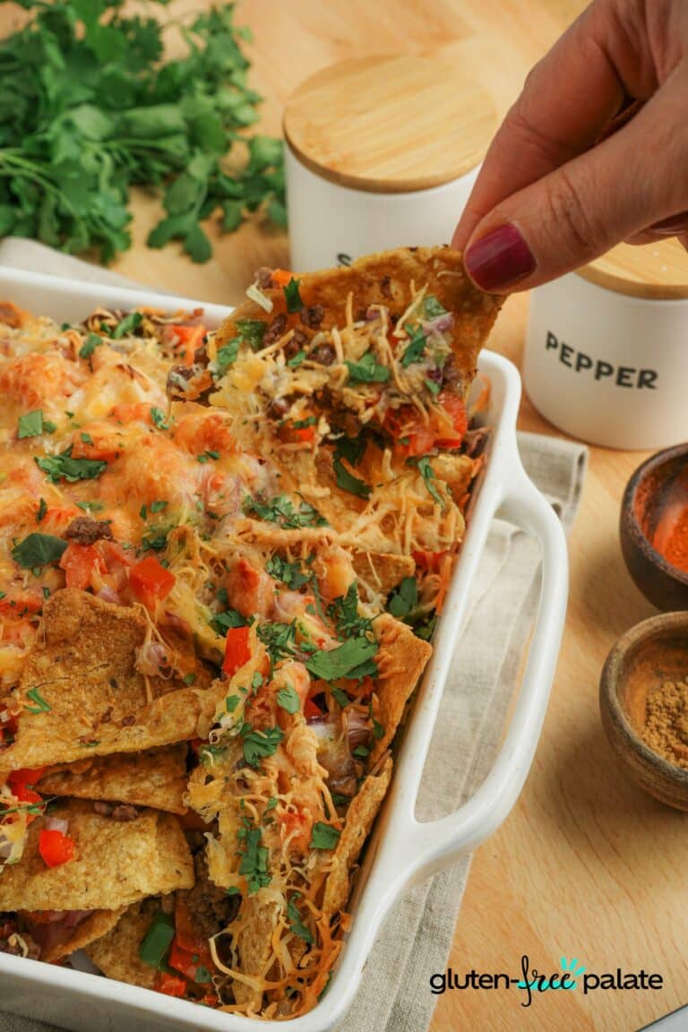 Gluten-Free Nachos in a white casserole dish.