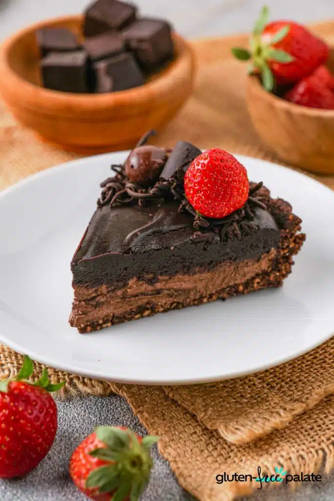 A slice of Gluten-free chocolate cheesecake.