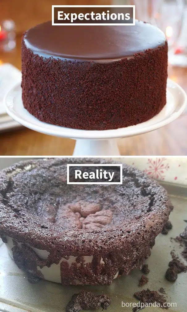 expectations vs reality cake before and after images. cake can be one of the worst gluten-free foods you try.