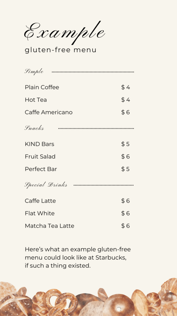 An example of a Starbucks gluten free menu with example prices.